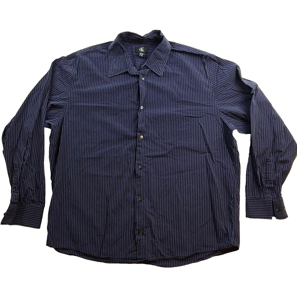 Calvin Klein Mens XXL Navy Blue Pinstripe Button Down Long Sleeve Shirt Cotton